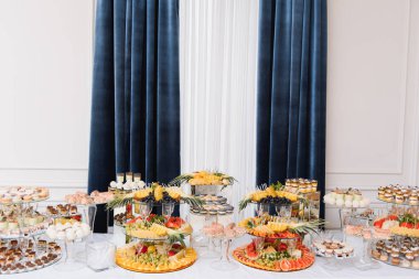 Tatlı, kek, tiramisu ve kurabiyelerle düğün şekerleri büfesinde lezzetli tatlılar.