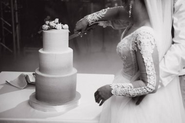 Gelin ve damadın elleri bir dilim düğün pastasından kesilmiş.