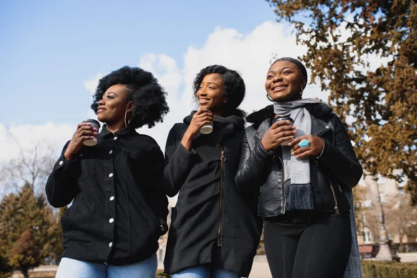 Meninas Americanas Africanas Elegantes Bebendo Café Rua — Fotografia de Stock