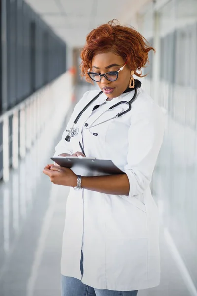 Portrait Confident African American Female Doctor Medical Professional Writing Patient — Stock Photo, Image