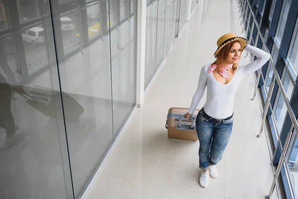 Girl Traveler Walking Carrying Hold Suitcase Airport Tourist Concept Woman — Stock Photo, Image