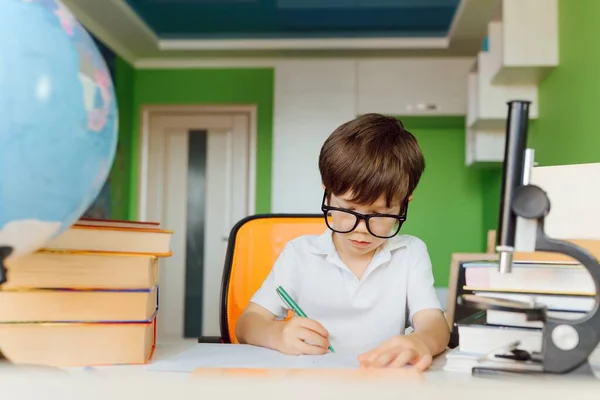 Niño Estudiando Casa Haciendo Deberes Escolares Educación Distancia Línea —  Fotos de Stock