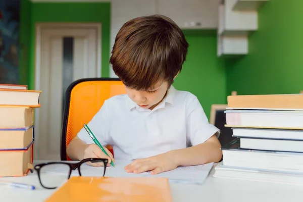 Kid Self Isolation Doing His Mathematics Homework While School Child —  Fotos de Stock