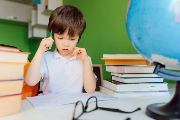 Kid Self Isolation Doing His Mathematics Homework While School Child — Photo