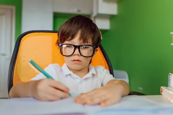 Menino Está Estudando Casa Durante Quarentena Covid Ensino Distância Line — Fotografia de Stock