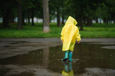 Küçük çocuk yağmurlu yaz parkında oynuyor. Şemsiyeli çocuk, su geçirmez palto ve botlar yağmurda çamurlu su birikintisine atlıyor. Yazın yağmurda yürüyen çocuk her türlü hava koşulunda dışarıda eğleniyor. Mutlu çocukluk