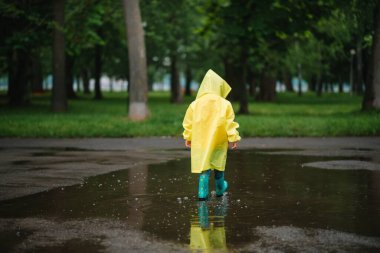 Küçük çocuk yağmurlu yaz parkında oynuyor. Şemsiyeli çocuk, su geçirmez palto ve botlar yağmurda çamurlu su birikintisine atlıyor. Yazın yağmurda yürüyen çocuk her türlü hava koşulunda dışarıda eğleniyor. Mutlu çocukluk