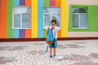 Beyaz tişörtlü, gözlüklü, kitaplı ve sırt çantalı tatlı bir okul çocuğu. Okula geri dön.