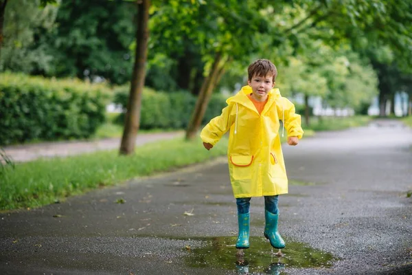 Little Boy Playing Rainy Summer Park Child Umbrella Waterproof Coat — Stock Photo, Image