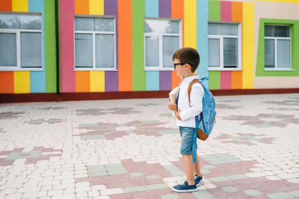 Kleine Jongen Gaat Terug Naar School Kind Met Rugzak Boeken — Stockfoto