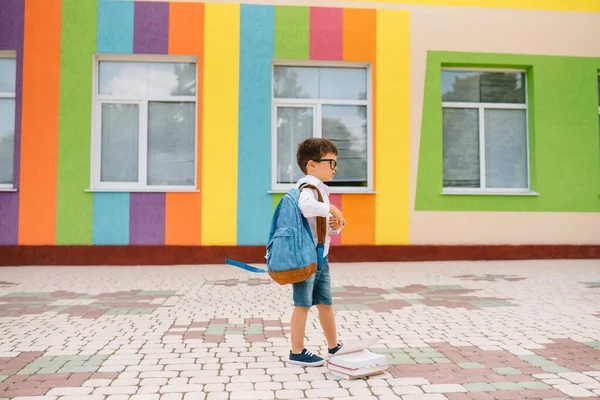 白いシャツを着た可愛い学生と本とバックパック付きの眼鏡 学校に戻る — ストック写真