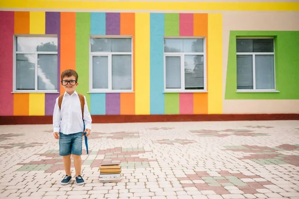 Roztomilý Školák Bílých Košilích Brýlích Knihami Batohem Zpátky Školy — Stock fotografie