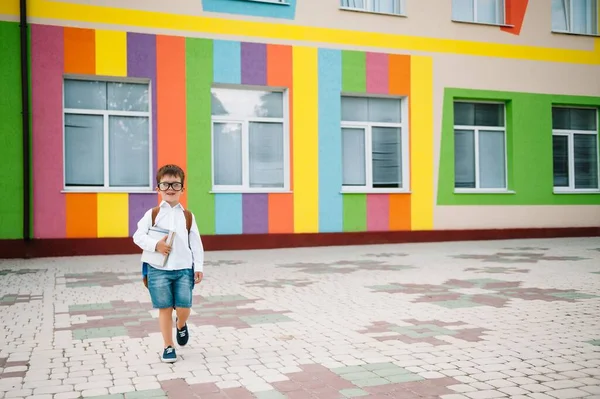 Volta Escola Rapaz Sorridente Feliz Óculos Vai Para Escola Pela — Fotografia de Stock