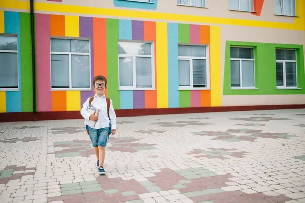 Okula Dönelim Gözlüklü Mutlu Çocuk Ilk Kez Okula Gidiyor Sırt — Stok fotoğraf