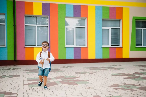 Wracać Szkoły Szczęśliwy Uśmiechnięty Chłopiec Okularach Idzie Szkoły Raz Pierwszy — Zdjęcie stockowe