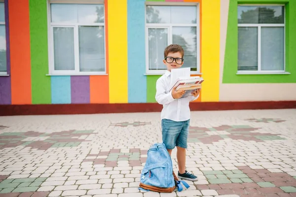 Roztomilý Školák Bílých Košilích Brýlích Knihami Batohem Zpátky Školy — Stock fotografie