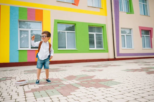 Повернутися Школи Щасливий Усміхнений Хлопчик Окулярах Збирається Школу Вперше Дитина — стокове фото