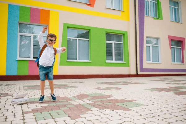 Volta Escola Rapaz Sorridente Feliz Óculos Vai Para Escola Pela — Fotografia de Stock