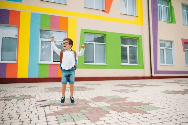Πίσω Στο Σχολείο Χαρούμενο Χαμογελαστό Αγόρι Γυαλιά Πάει Σχολείο Για — Φωτογραφία Αρχείου