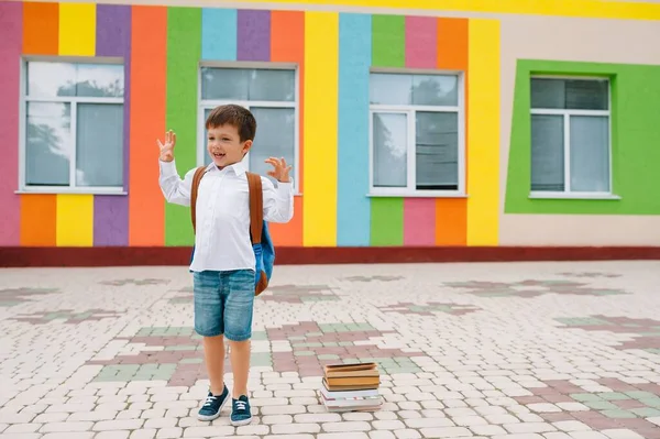 Tillbaka Till Skolan Glad Leende Pojke Glasögon Går Skolan För — Stockfoto