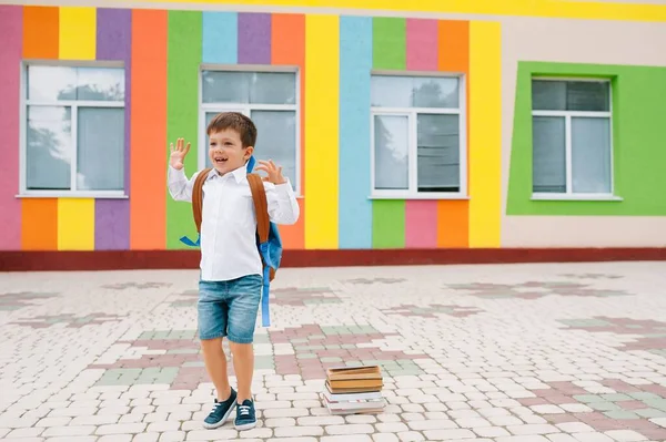 Vuelta Escuela Feliz Niño Sonriente Gafas Escuela Por Primera Vez —  Fotos de Stock