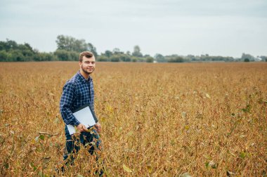 Yakışıklı tarım uzmanı soya tarlasında tablet dokunmatik bilgisayarını tutuyor ve hasat etmeden önce ekinleri inceliyor. Tarım sektörü konsepti. Soya tarlasında elinde tabletle duran tarım mühendisi..