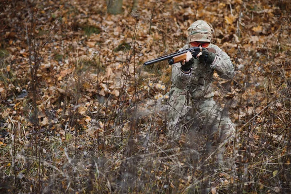 Hunting War Army People Concept Young Soldier Ranger Hunter Gun — Stock Photo, Image