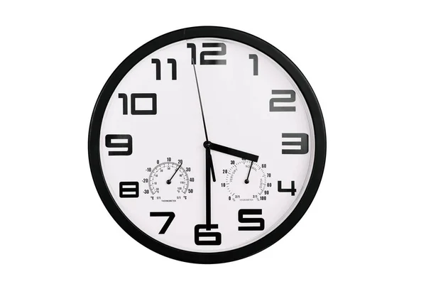 简单经典的黑白圆形墙时钟隔离在白色上 墙上有阿拉伯数字的时钟显示15 — 图库照片