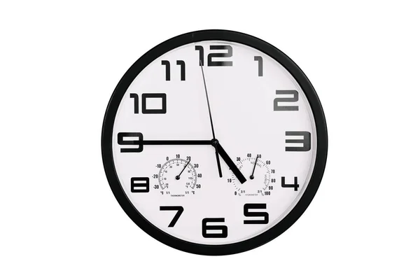 単純な古典的な黒と白の丸みを帯びた壁の時計は白で隔離された 壁にアラビア数字の時計は16 45を示しています — ストック写真