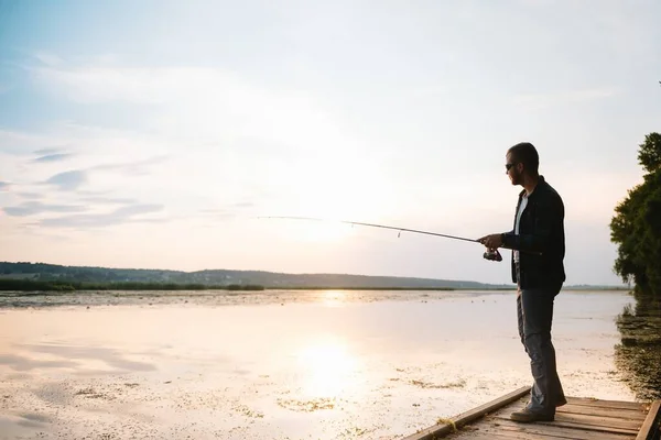 Young Man Fishing Misty Sunrise — Stock Photo, Image