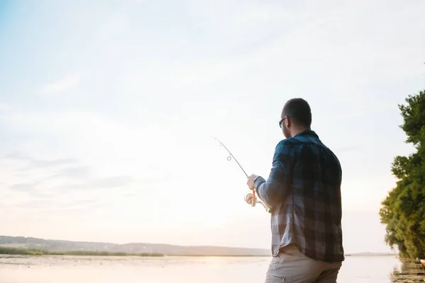 Pesca Filatura Tramonto Silhouette Pescatore — Foto Stock