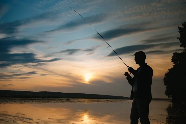 Fishing Spinning Sunset Silhouette Fisherman — Stock Photo, Image