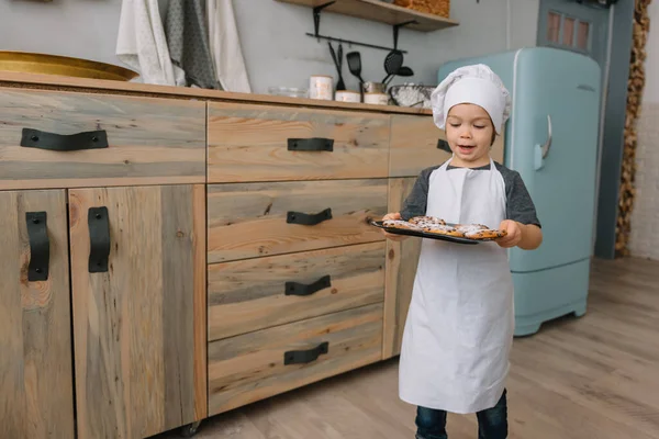 Young Boy Cute Kitchen Cook Chef White Uniform Hat Table — Stock Photo, Image