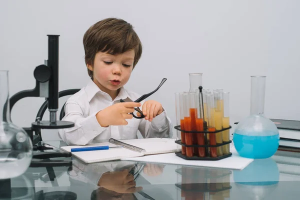 Boy Microscope Various Colorful Flasks White Background Boy Doing Experiments — Stock Photo, Image