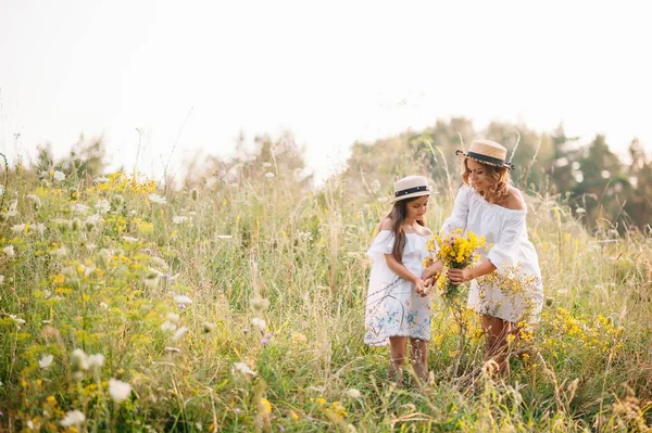 Κομψή Μητέρα Και Όμορφη Κόρη Διασκεδάζουν Φύση Χαρούμενη Οικογενειακή Ιδέα — Φωτογραφία Αρχείου