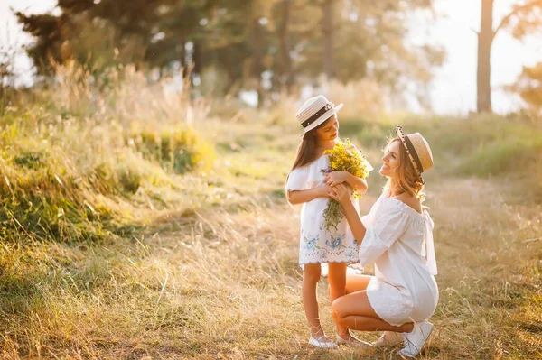 Şık Bir Anne Güzel Bir Kız Doğada Eğleniyor Mutlu Aile — Stok fotoğraf