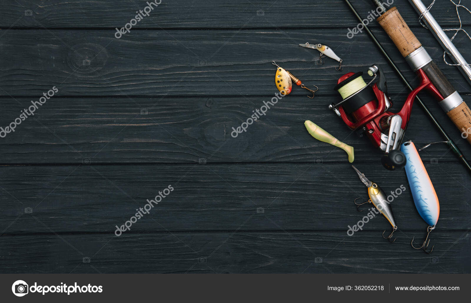 Fishing Tackle Fishing Spinning Hooks Lures Darken Wooden Background Top —  Stock Photo © fotosedrik #362052218