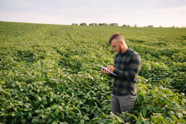 Soya tarlasında duran genç çiftçinin portresi..