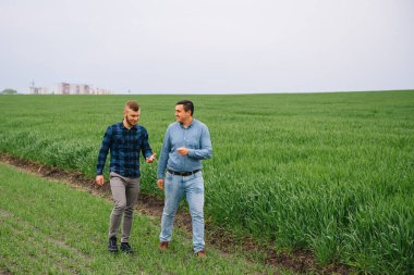 İki çiftçi tarlada buğday hasadını inceliyor..