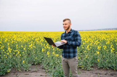 Genç tarımcı tecavüz alanında dizüstü bilgisayar tutuyor. Tarım sektörü konsepti. Yaz aylarında tecavüz alanında dizüstü bilgisayarla duran tarım mühendisi.