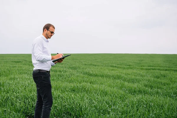 若い農学者は緑の小麦畑にノートパソコンを持っています 農業ビジネスの概念 夏にタブレット付きの小麦畑に立つ農業技術者は — ストック写真