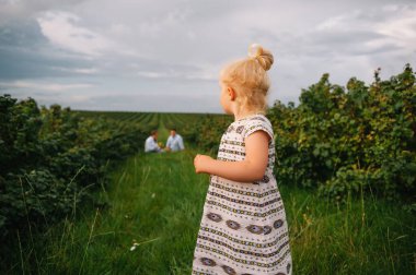 Mutlu bir aile parkta yürüyor. Anne, baba ve kız dışarı çıkıyorlar, ebeveynler kızın elini tutuyor. Çocukluk, ebeveynlik, aile bağları, evlilik kavramı.