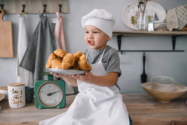 Young Boy Cute Kitchen Cook Chef White Uniform Hat Table — Stock Photo, Image