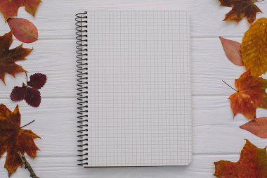 Eski ahşap masa ve sarı sonbahar yapraklı arka plan dokusu. Sonbahar akçaağaç yaprakları ahşap zemin üzerinde fotokopi alanı ile. Üst görünüm