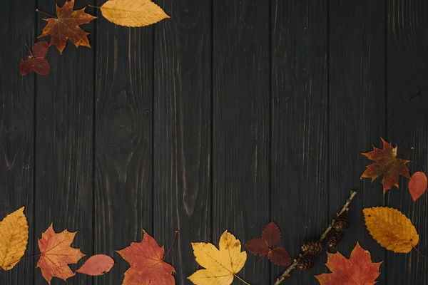 Фоновая Текстура Старым Деревянным Столом Желтыми Осенними Листьями Осенние Кленовые — стоковое фото