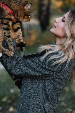 Sonbahar parkında bir kız ve bir kedi. Kahverengi kazaklı bir kadın. Gri kedisiyle sonbahar parkında yürüyor.