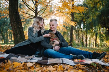 Aşk, ilişki, aile ve insanlar - gülen çift güz parkında eğleniyor