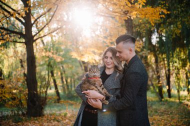 Güz parkında dinlenen genç ve güzel bir çift. Sonbahar konsepti. Sevgili çift kedileriyle dinleniyor..