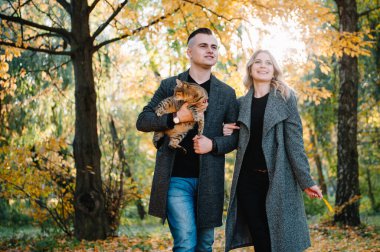 Aşk, ilişki, aile ve insanlar - gülen çift güz parkında eğleniyor