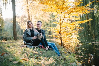 Güz parkında dinlenen genç ve güzel bir çift. Sonbahar konsepti. Sevgili çift kedileriyle dinleniyor..